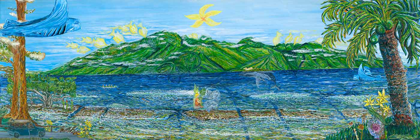 Podge Elvenstar artwork called Celebration featuring his favorite imagery of Maui and Molokai Hawaii
