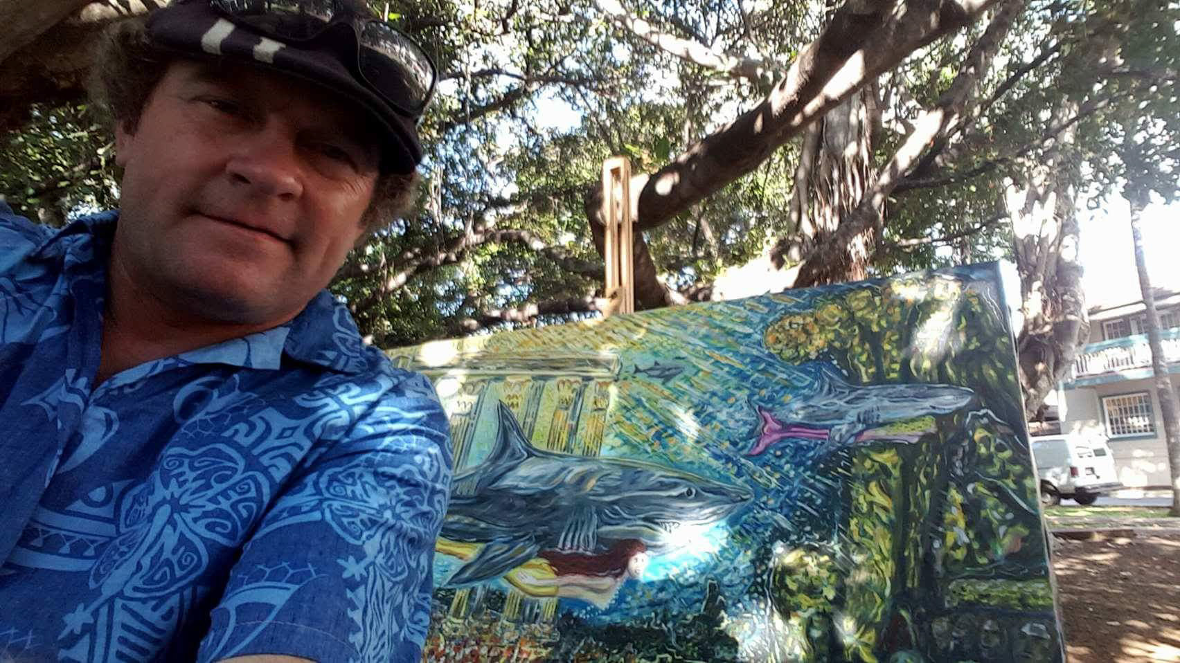 Load video: Artwork by Hawaii Artist Podge Elvenstar of Maui and Lahaina Banyan Tree.