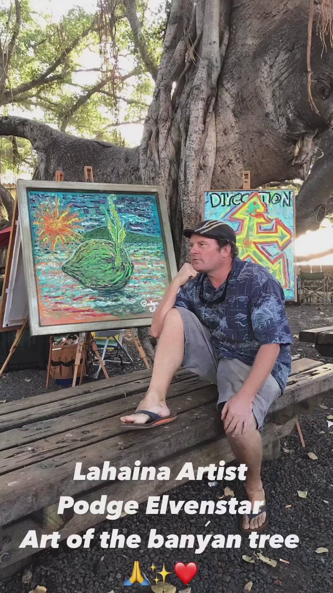 Load video: Original Paintings of the Lahaina Banyan Tree by Maui artist Podge Elvenstar